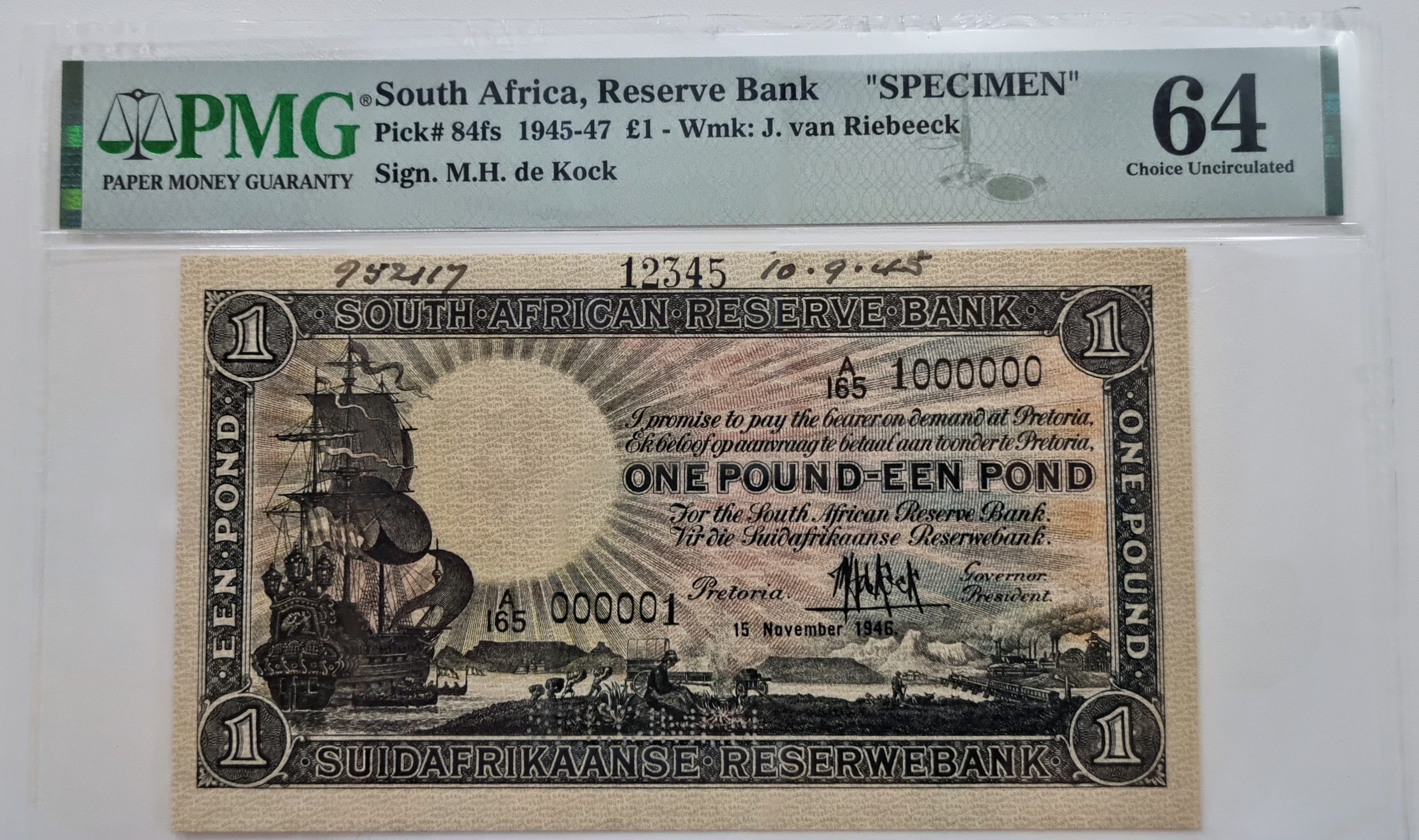 South Africa, Reserve Bank "SPECIMEN" Pick#84fs 1945-47 £1 - Wmk: J. van Riebeeck, Sign. M.H. de Kock, 64 Choice Uncirculated