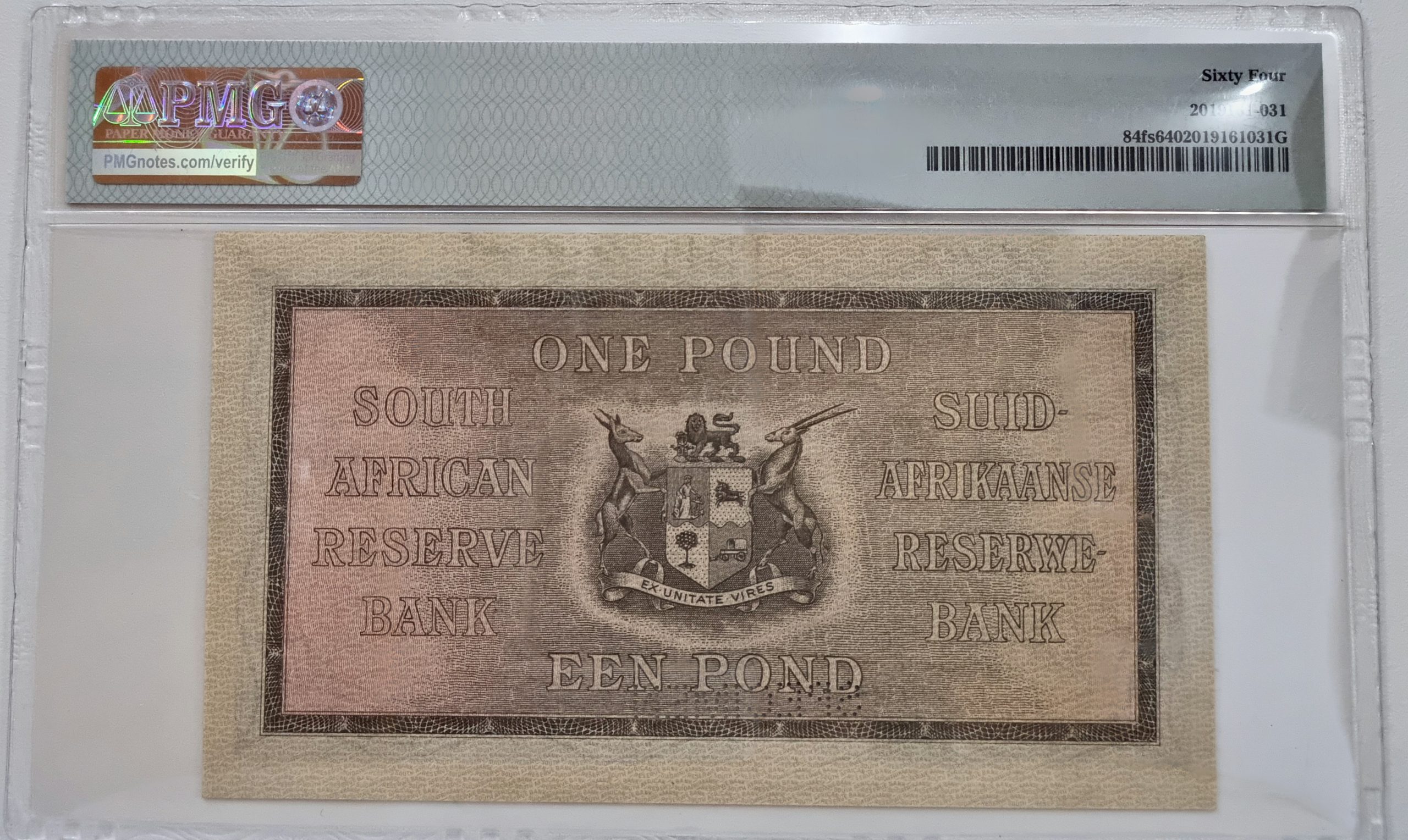 South Africa, Reserve Bank "SPECIMEN" Pick#84fs 1945-47 £1 - Wmk: J. van Riebeeck, Sign. M.H. de Kock, 64 Choice Uncirculated - Image 2
