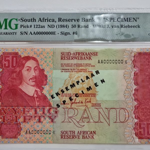 South Africa, Reserve Bank, "SPECIMEN" Pick# 122as ND (1984) 50 Rand - Wmk: J. van Riebeeck, S/N AA0000000E - Sign #6 58 Choice About Unc