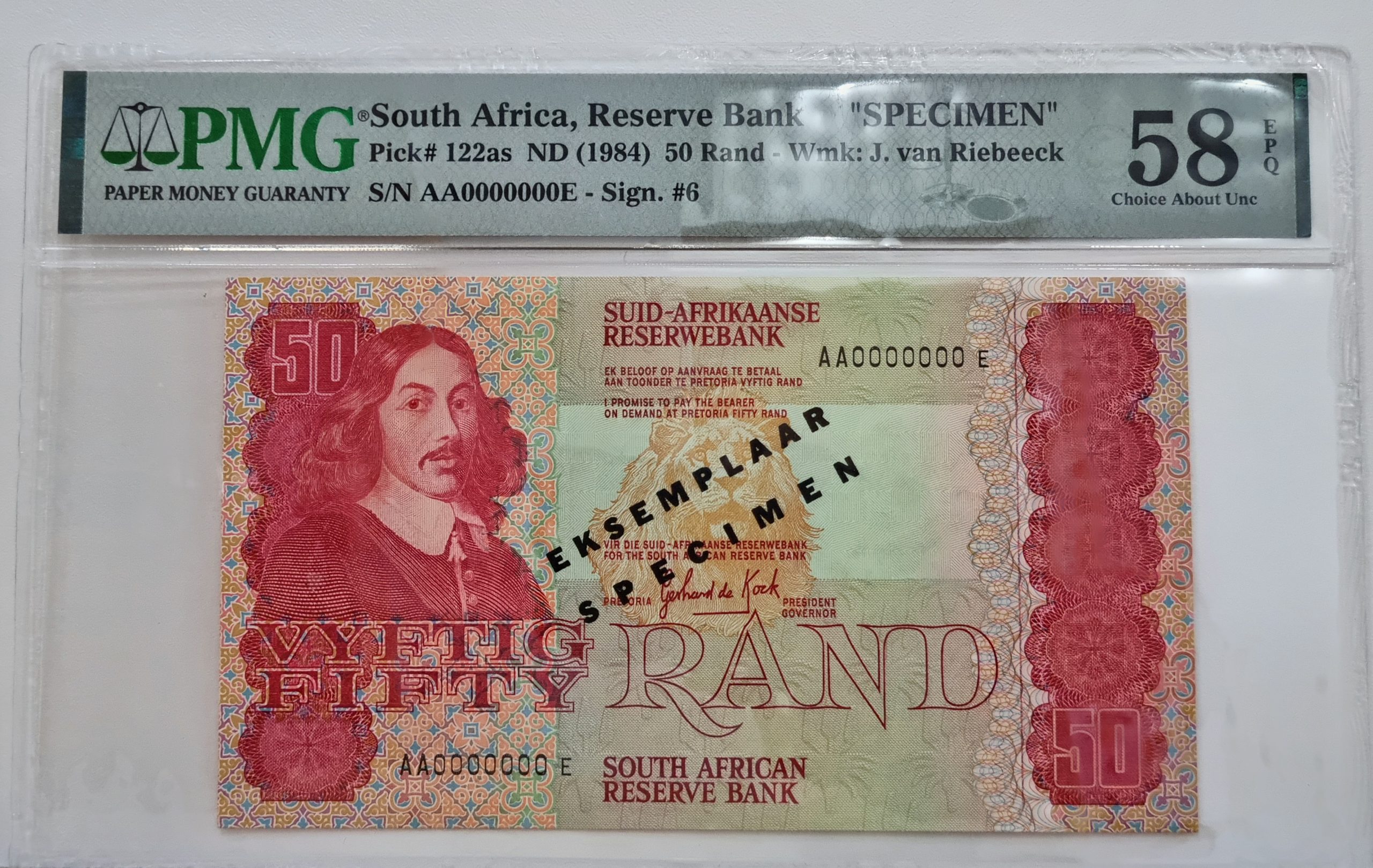 South Africa, Reserve Bank, "SPECIMEN" Pick# 122as ND (1984) 50 Rand - Wmk: J. van Riebeeck, S/N AA0000000E - Sign #6 58 Choice About Unc