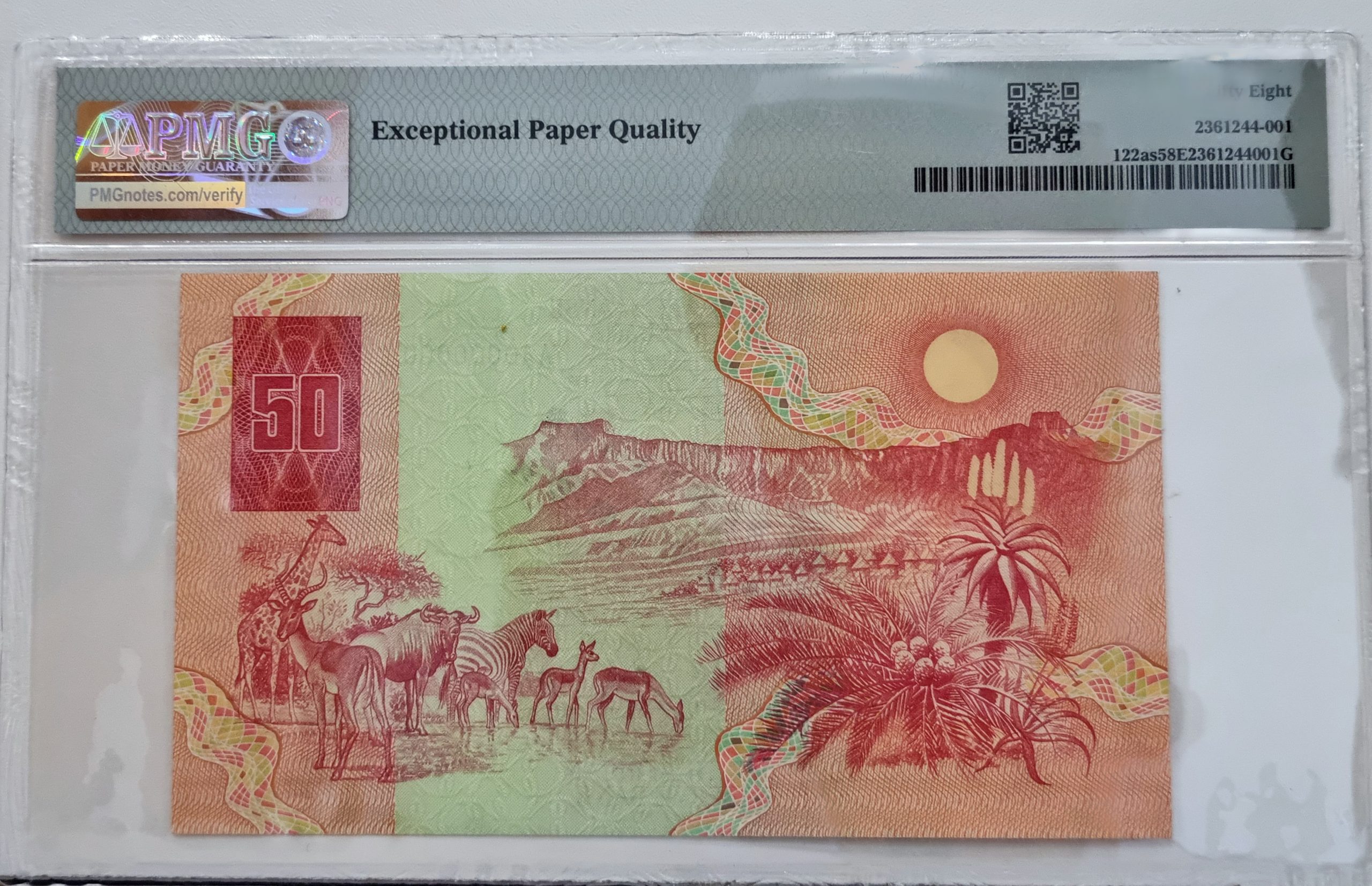 South Africa, Reserve Bank, "SPECIMEN" Pick# 122as ND (1984) 50 Rand - Wmk: J. van Riebeeck, S/N AA0000000E - Sign #6 58 Choice About Unc - Image 2