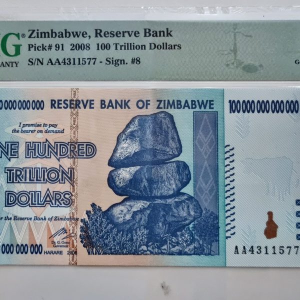Zimbabwe, Reserve Bank, Pick# 91 2008 100 Trillion Dollars, S/N AA4311577 - Sign. #8 65 Gem Uncirculated
