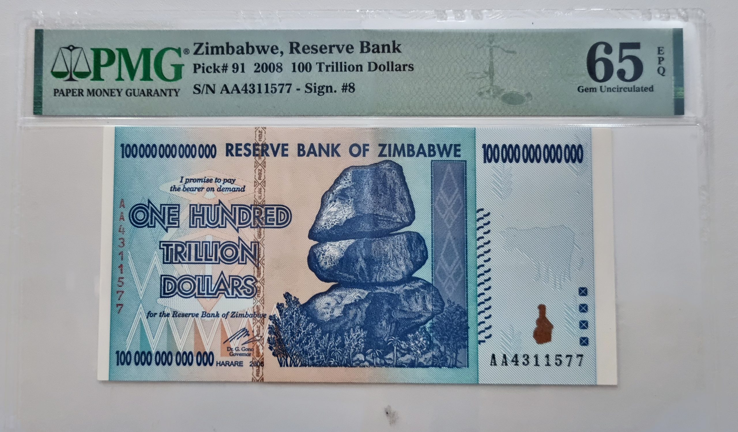 Zimbabwe, Reserve Bank, Pick# 91 2008 100 Trillion Dollars, S/N AA4311577 - Sign. #8 65 Gem Uncirculated