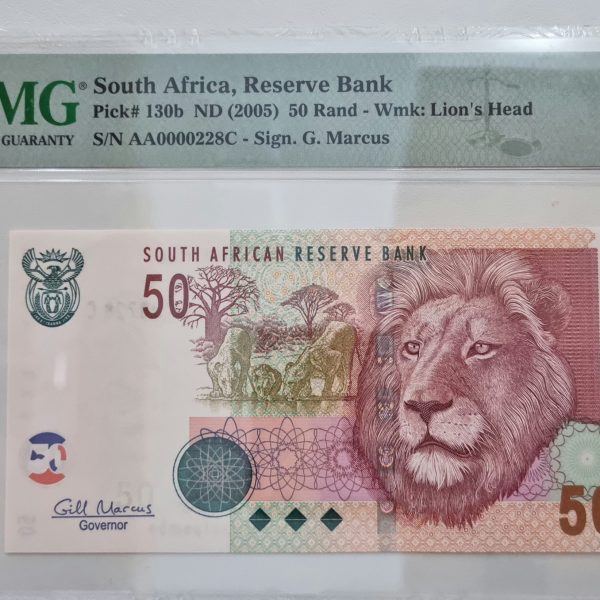South Africa, Reserve Bank, Pick# 130b ND (2005) 50Rand - Wmk: Lion's Head, S/N AA0000228C - Sign. G. Marcus 58 Choice About Unc