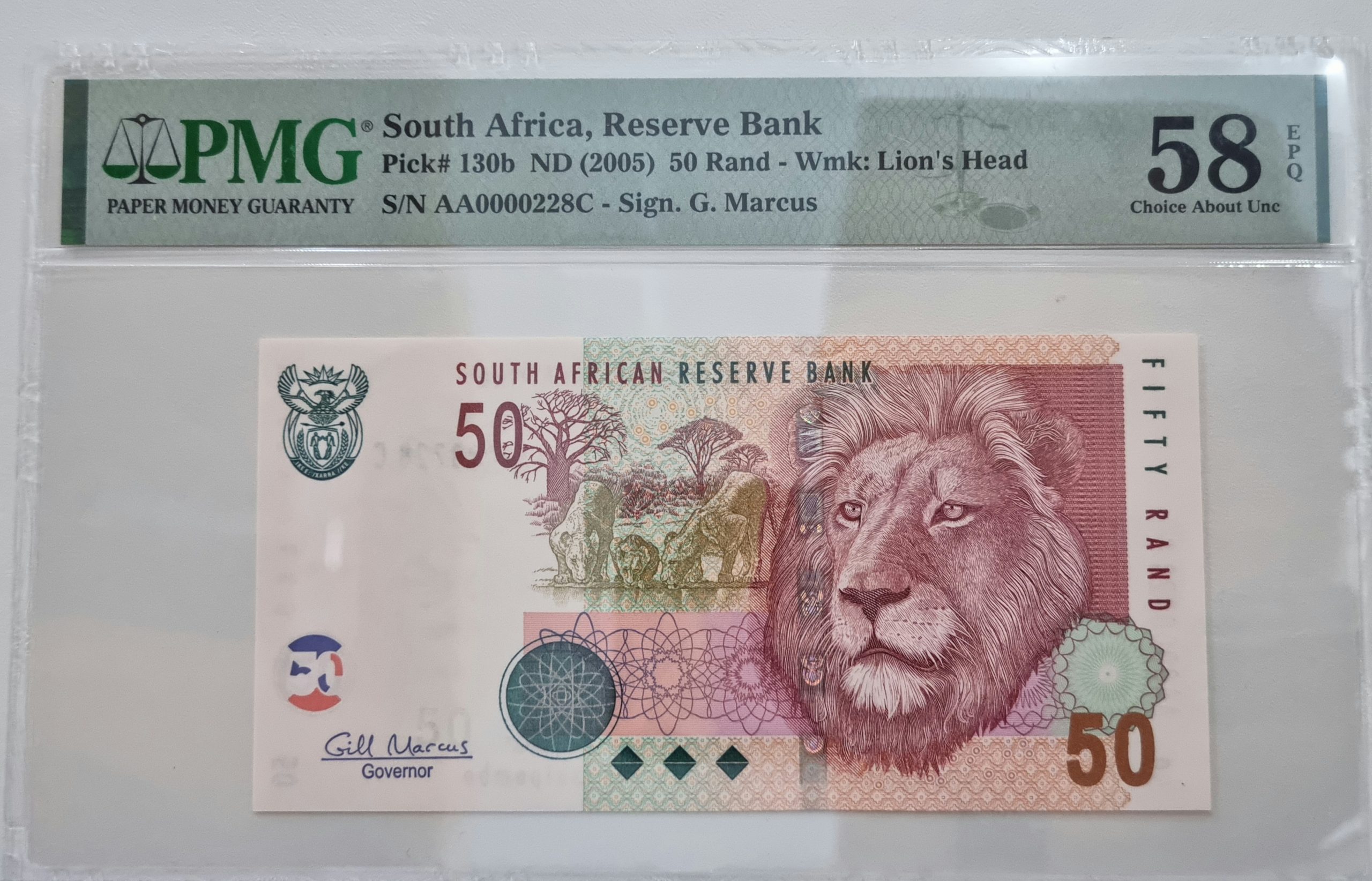 South Africa, Reserve Bank, Pick# 130b ND (2005) 50Rand - Wmk: Lion's Head, S/N AA0000228C - Sign. G. Marcus 58 Choice About Unc