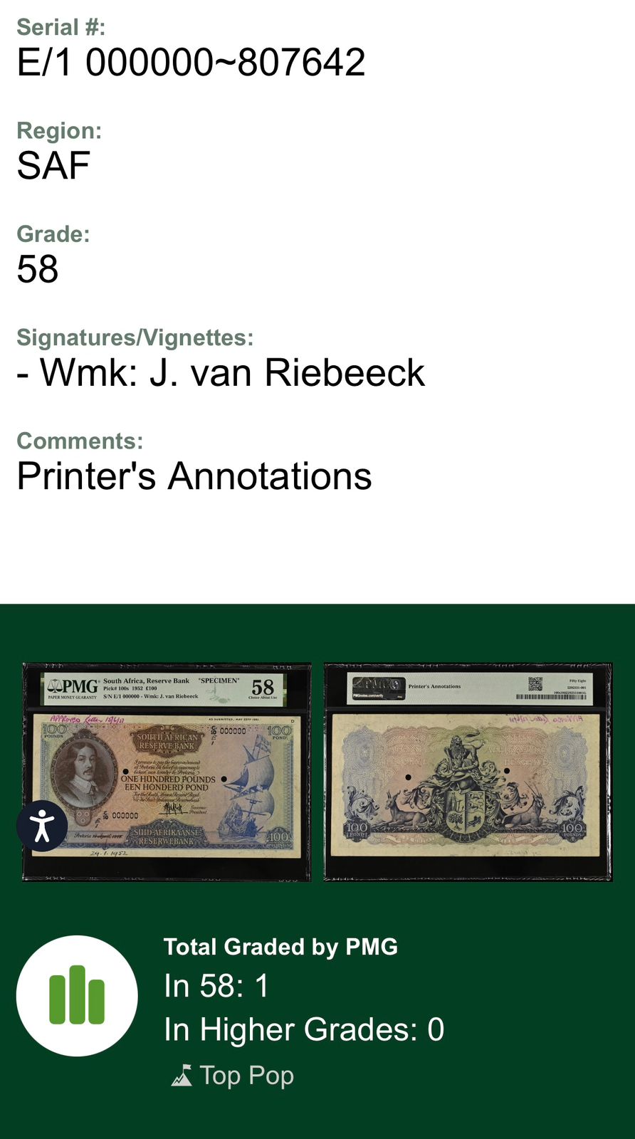South Africa, Reserve Bank " SPECIMEN" Pick# 100s 1952 100 Pounds S/N E/1 000000- Wmk: J. van Riebeeck (Choice About Unc 58)- TOP POP - Finest Standalone - Image 3