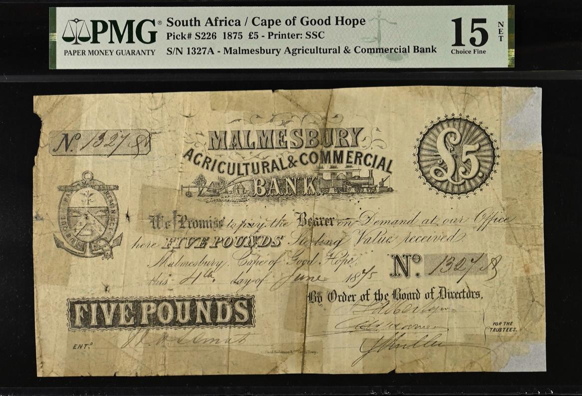 South Africa / Cape of Good Hope 1875 £5- Printer: SSC S/N 327A- Malmesbury Agricultural & Commercial Bank Choice Fine 15 NET - TOP POP STANDALONE - Image 3