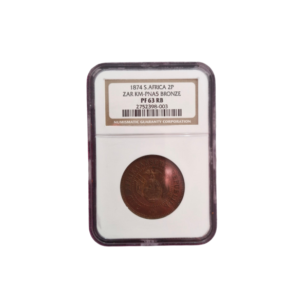 1874 ZAR 2 Penny – ZAR KM-PNA5 Bronze (PF 63 RB)