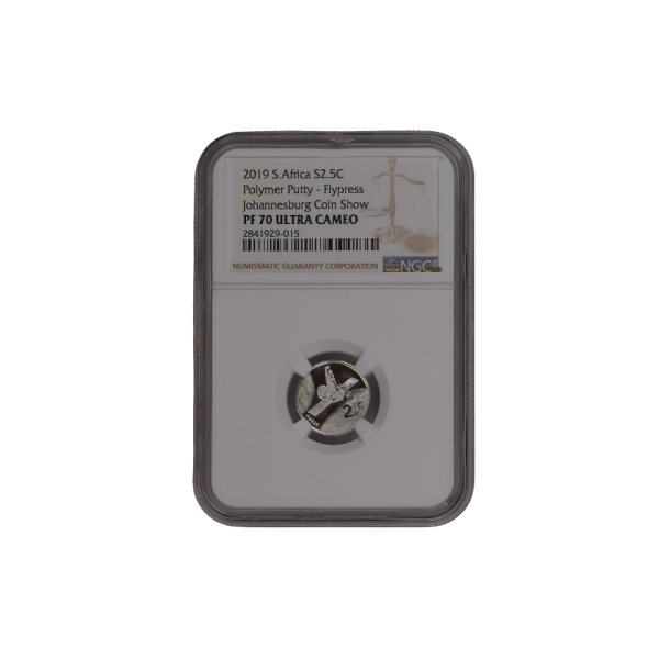 2019 South Africa S2.5c – Polymer Putty Flypress, Johannesburg Coin Show (PF 70 Ultra Cameo) Top Pop