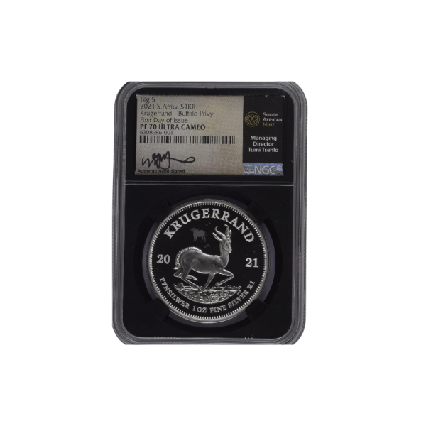 2021 South Africa S1KR Big 5 Krugerrand - Buffalo Privy First Day of Issue PF 70 Ultra Cameo - Top Pop