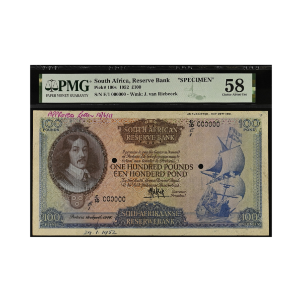 South Africa, Reserve Bank " SPECIMEN" Pick# 100s 1952 100 Pounds S/N E/1 000000- Wmk: J. van Riebeeck (Choice About Unc 58)- TOP POP - Finest Standalone
