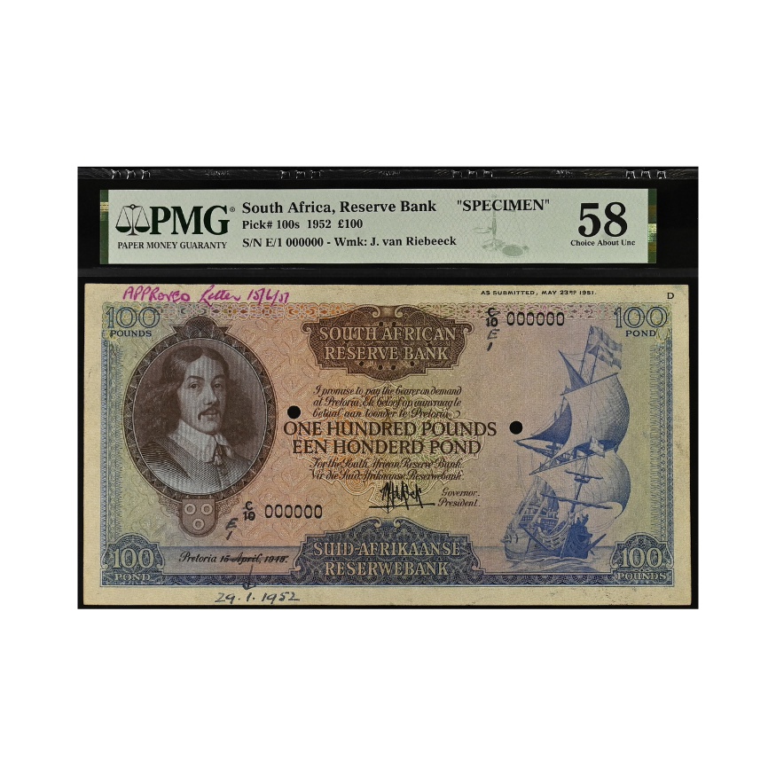 South Africa, Reserve Bank " SPECIMEN" Pick# 100s 1952 100 Pounds S/N E/1 000000- Wmk: J. van Riebeeck (Choice About Unc 58)- TOP POP - Finest Standalone