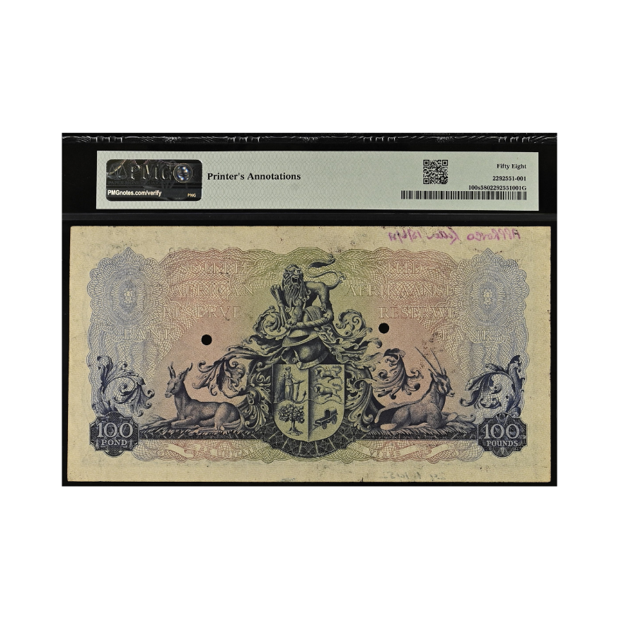 South Africa, Reserve Bank " SPECIMEN" Pick# 100s 1952 100 Pounds S/N E/1 000000- Wmk: J. van Riebeeck (Choice About Unc 58)- TOP POP - Finest Standalone - Image 2