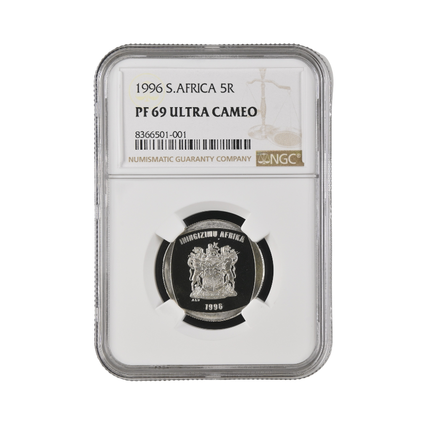 1996 South Africa R5 PF 69 Ultra Cameo - With original Coin Word Certificate issued to W.V Amersfoort on the 23 October 1996