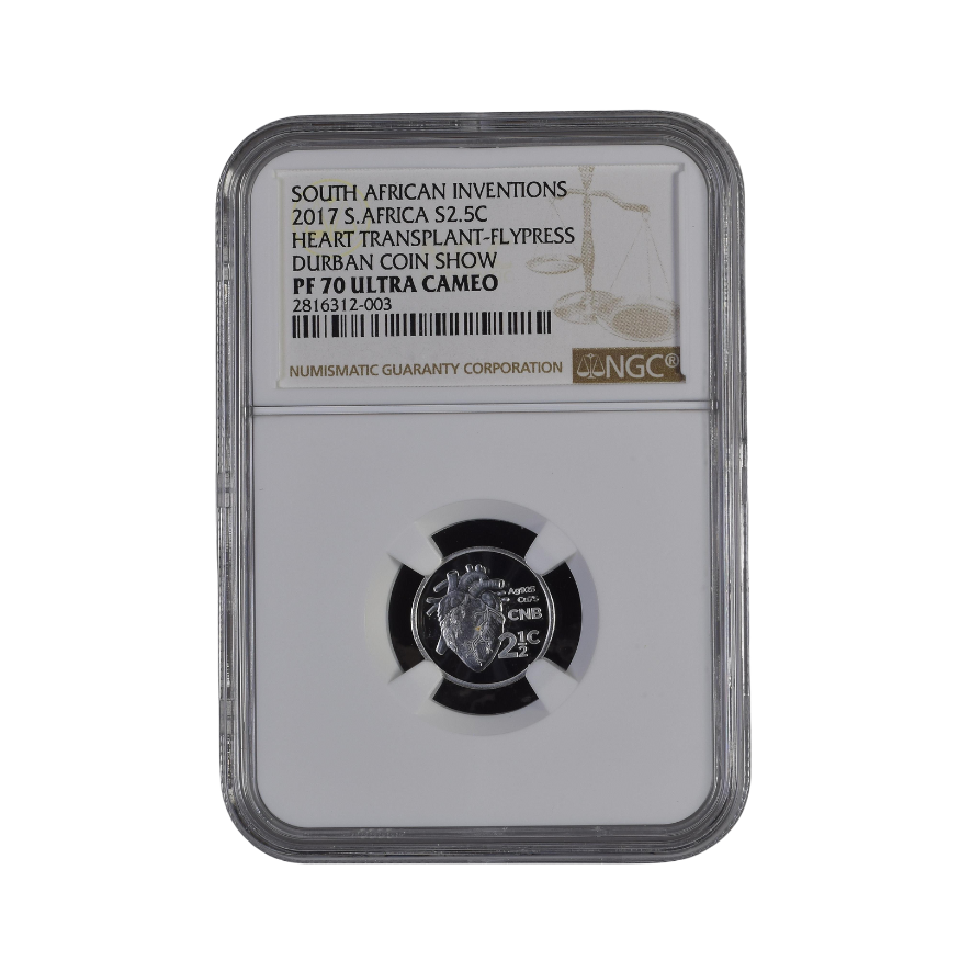 2017 South Africa S2.5c South African Inventions Heart Transplant-Flypress Durban Coin Show PF 70 Ultra Cameo - Top Pop