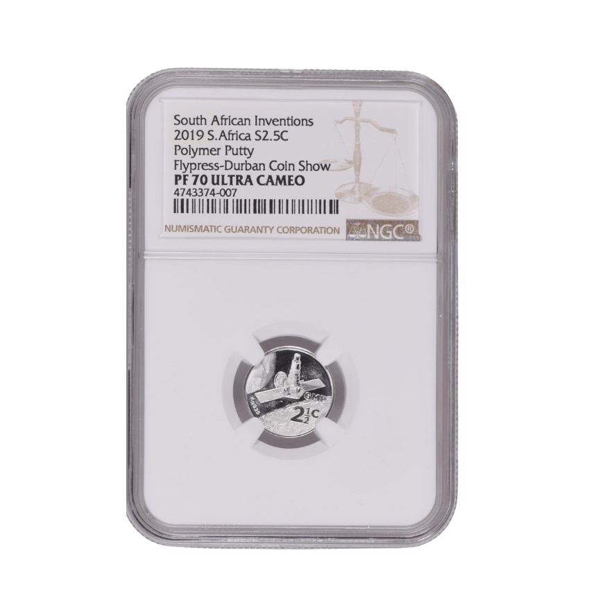 2019 South Africa S2.5c South African Inventions Polymer Putty Flypress-Durban Coin Show PF 70 Ultra Cameo - Top Pop