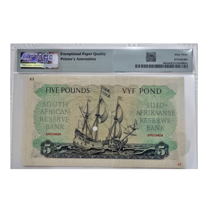 South Africa "Color Trial Specimen" Pick#96cts ND (1950-59) £5 WMK: J.van Riebeeck Choice Uncirculated 63 EPQ - Image 2