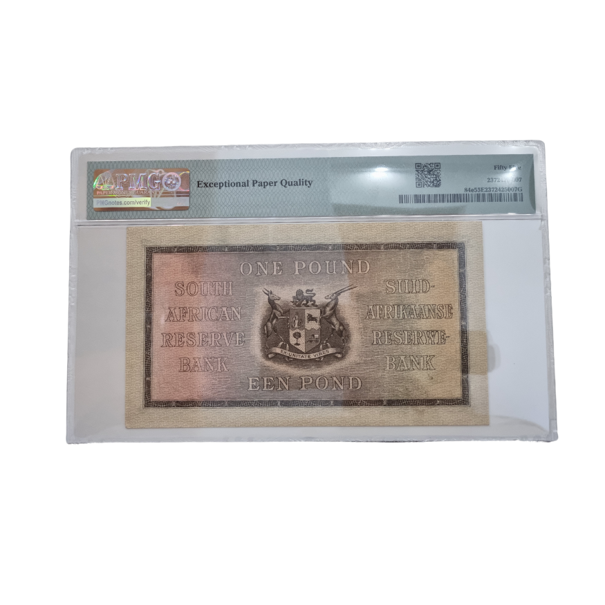 South Africa, Reserve Bank Pick# 84e 1938-44 £1 - Wmk: J. van Riebeeck S/N A/84 424884- Sign. J. postmus ( About Uncirculated 55 EPQ) - Image 2