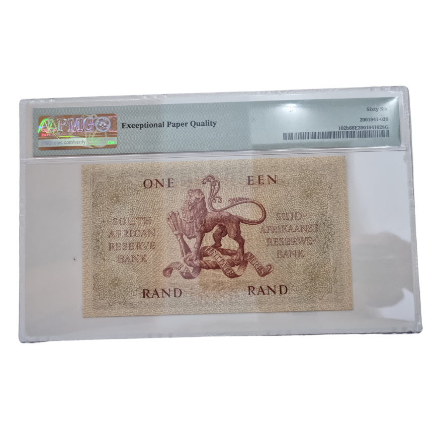 South Africa, Reserve Bank Pick# 102b ND (1962-65) 1 Rand- Wmk: J. van Riebeeck S/N A/114 725251- Sign. #4 ( Gem Uncirculated 66 EPQ) - Image 2