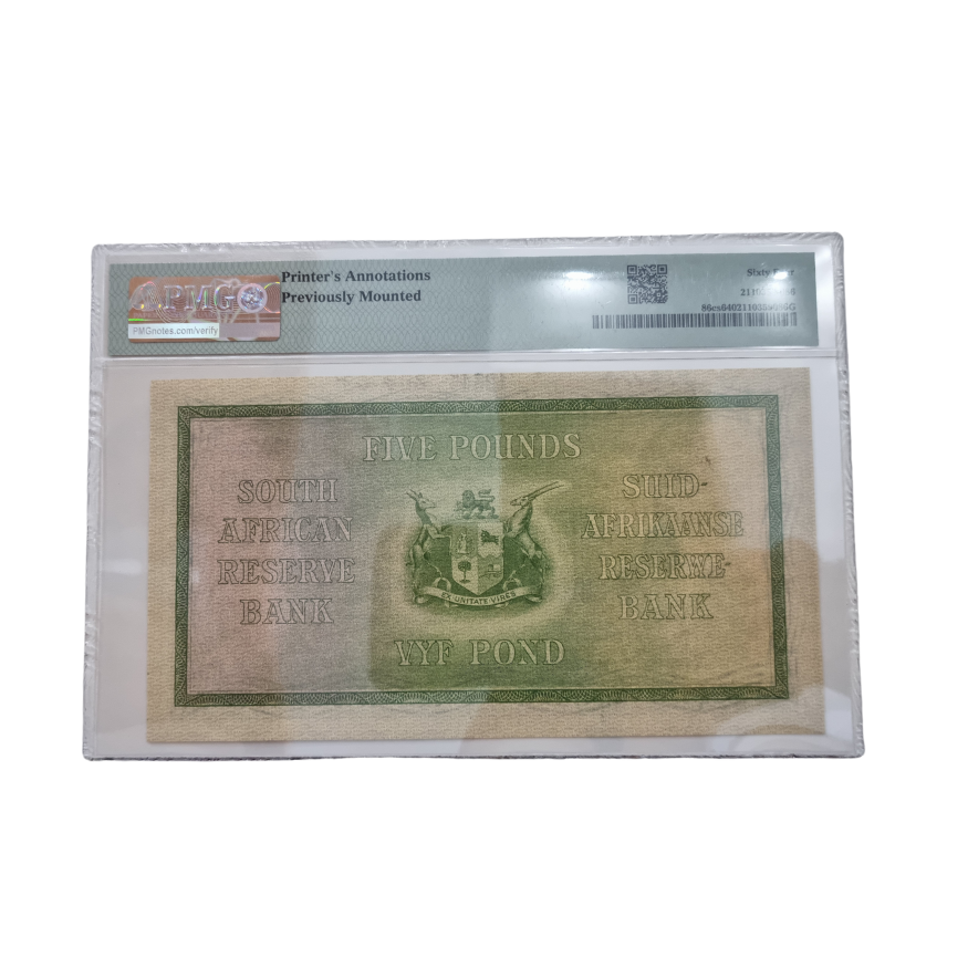 South Africa, Reserve Bank "SPECIMEN" Pick# 86cs 1946-47 £5- Wmk: J. van Riebeeck Sign. M.H. de Kock (Choice Uncirculated 64) - Image 2