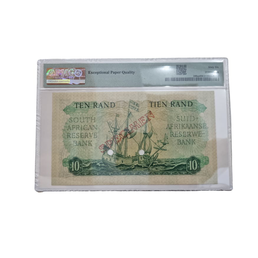 South Africa, Reserve Bank " SPECIMEN" Pick# 106as ND(1961) 10 Rand- Wmk: J.van Riebeeck S/N C/1 000000-Sign.#3 (Gem Uncirculated 66 EPQ) - Image 2