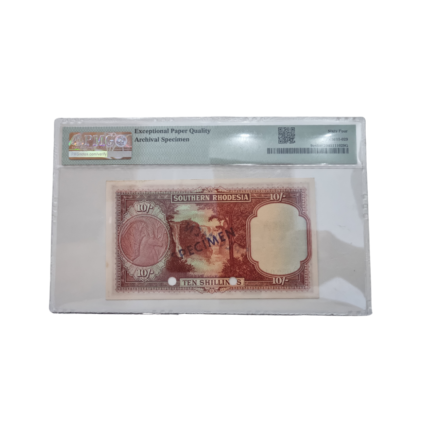 Southern Rhodesia "SPECIMEN" Pick#9es 1950 10/-Shillings-Printer: BWC S/N A/88 050048 Sign. A.H. Strachan (Choice Uncirculated 64 EPQ) - Image 2