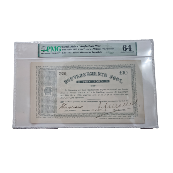 South Africa / Anglo-Boer War Pick# 56b 1900 £10-Pretoria- Without "No." by S/N S/N 7391 - Zuid-Afikaansche Republiek