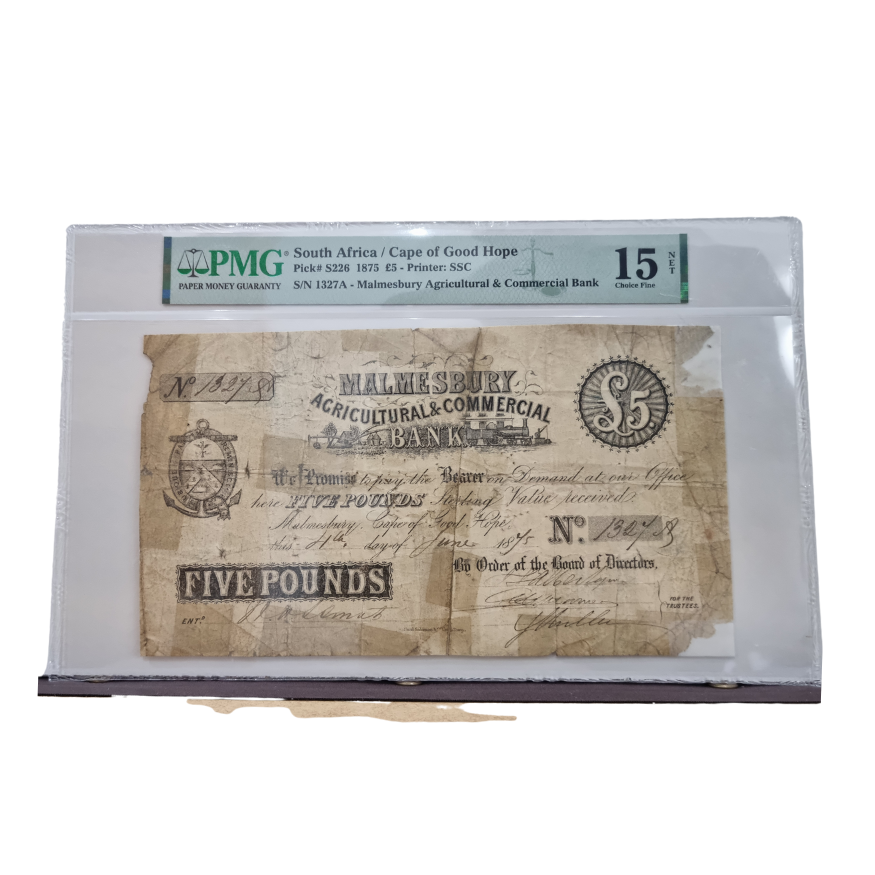 South Africa / Cape of Good Hope 1875 £5- Printer: SSC S/N 327A- Malmesbury Agricultural & Commercial Bank Choice Fine 15 NET - TOP POP STANDALONE