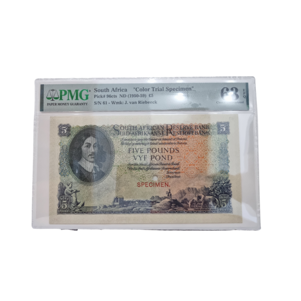 South Africa "Color Trial Specimen" Pick#96cts ND (1950-59) £5 WMK: J.van Riebeeck Choice Uncirculated 63 EPQ