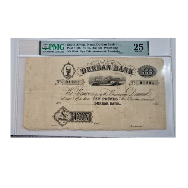 South Africa/ Natal, Durban Bank Pick# s443br ND (ca.1862) £10-Printer: N&P S/N 01205-Sign. Title- Accountant- Remainder (Very Fine 25)