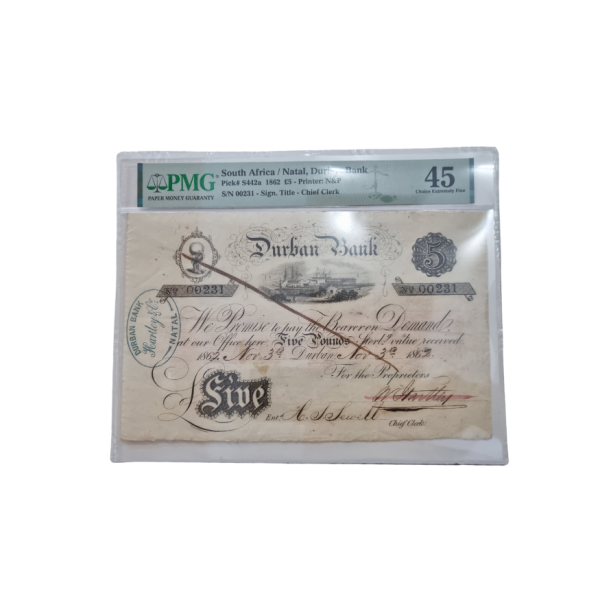 South Africa/ Natal,Durban Bank Pick# S442a 1862 £5- Printer: N&P S/N 00231- Sign. Title- Chief Clerk Choice Extremely Fine 45