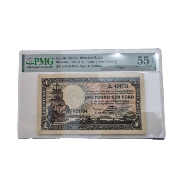 South Africa, Reserve Bank Pick# 84e 1938-44 £1 - Wmk: J. van Riebeeck S/N A/84 424884- Sign. J. postmus ( About Uncirculated 55 EPQ)