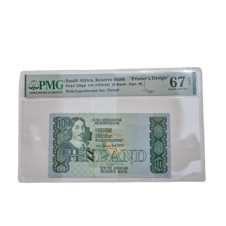 South Africa, Reserve Bank " Printer's Design" Pick# 120pd ND(1978-93) 10 Rand- Sign. #6 With Experimental Sec. Thread (Superb Gem Unc 67 EPQ)