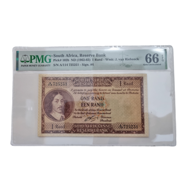 South Africa, Reserve Bank Pick# 102b ND (1962-65) 1 Rand- Wmk: J. van Riebeeck S/N A/114 725251- Sign. #4 ( Gem Uncirculated 66 EPQ)