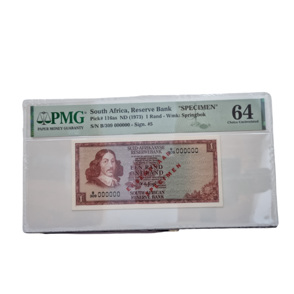 South Africa, Reserve Bank " SPECIMEN" Pick# 116as ND (1973) 1 Rand- Wmk: Springbok S/N B/309 000000-Sign. #5 (Choice Uncirculated 64)