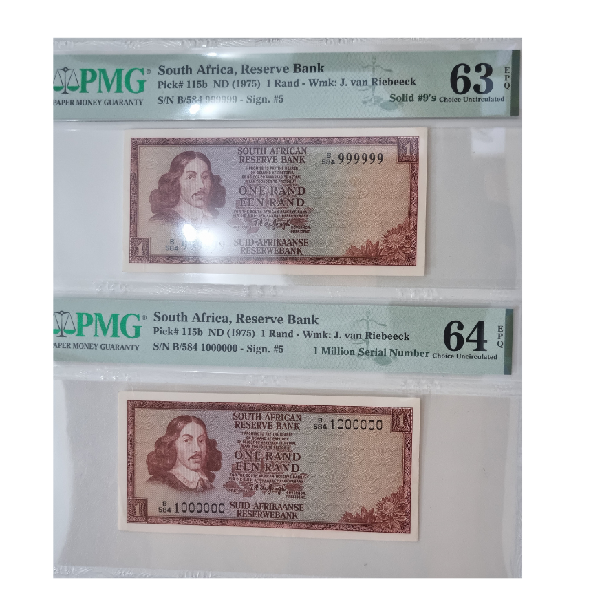 South Africa, reserve Bank 1 Rand-Wmk:J.van Riebeeck Set ( S/N B/584 999999-Sign. #5/ S/N B/584 1000000-Sign. #5) 1975