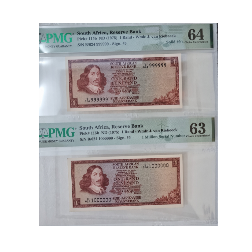 South Africa Reserve Bank ND(1975) 1 Rand- Wmk: J. van Riebeeck Set (S/N B/624 999999-S/N Sign#5/ S/N B/624 1000000-Sign. #5)