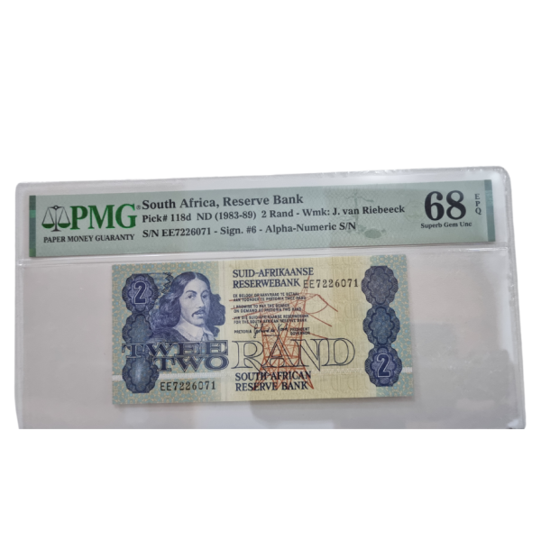South Africa, Reserve Bank Pick# 118d ND(1983-89) 2Rand- Wmk:J. van Riebeeck S/N EE7226071- sign. #6- Alpha-Numeric S/N (Superb Gem UNC 68 EPQ)
