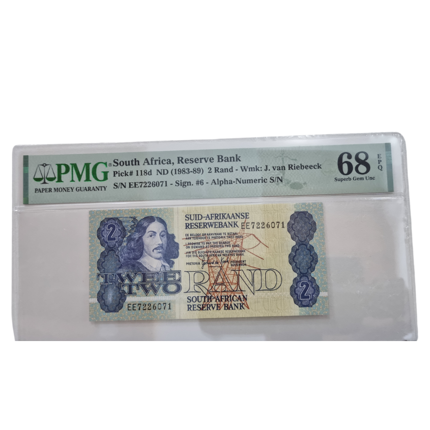 South Africa, Reserve Bank Pick# 118d ND(1983-89) 2Rand- Wmk:J. van Riebeeck S/N EE7226071- sign. #6- Alpha-Numeric S/N (Superb Gem UNC 68 EPQ)