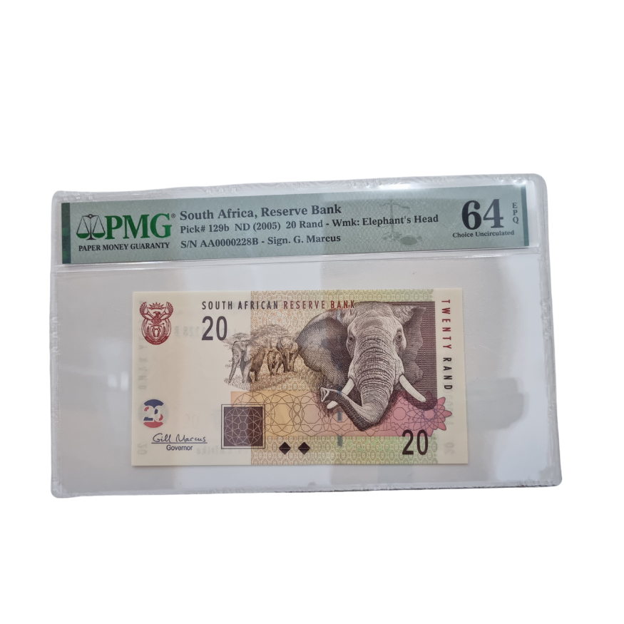 South Africa, Reserve Bank Pick#129b ND(2005) 20 Rand- Wmk: Elephant's Head S/N AA0000228B-Sign. G. Marcus (Choice Uncirculated 64 EPQ)