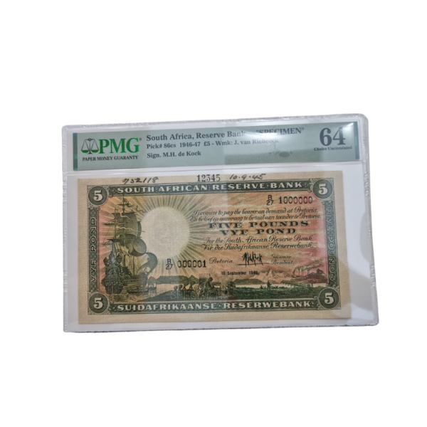 South Africa, Reserve Bank "SPECIMEN" Pick# 86cs 1946-47 £5- Wmk: J. van Riebeeck Sign. M.H. de Kock (Choice Uncirculated 64)