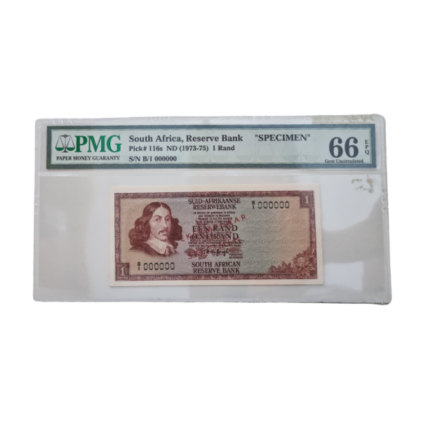 South Africa, Reserve bank "SPECIMEN" Pick# 116s ND(1973-75) 1 Rand S/N B/1 000000 (Gem Uncirculated 66 EPQ)