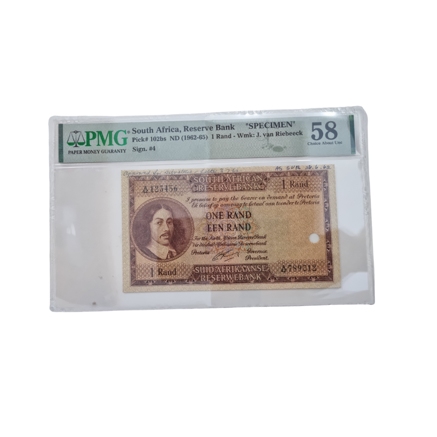 South Africa, Reserve Bank "SPECIMEN" Pick#102bs ND(1962-65) 1 Rand- Wmk: J. van Riebeeck Sign.#4 (Choice About Unc 58)