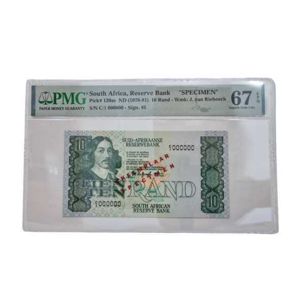 South Africa, Reserve Bank "SPECIMEN" Pick# 120as ND(1978-81) 10 Rand- Wmk: J. van Riebeeck S/N C/1 000000- Sign.#5 (Superb Gem Unc 67 EPQ)