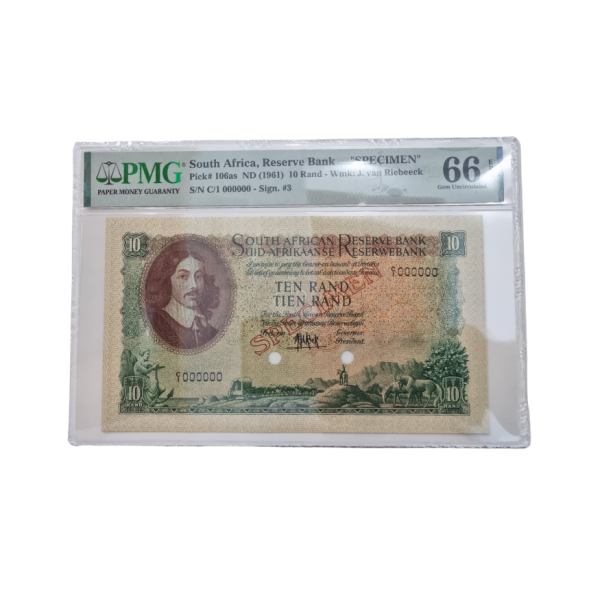 South Africa, Reserve Bank " SPECIMEN" Pick# 106as ND(1961) 10 Rand- Wmk: J.van Riebeeck S/N C/1 000000-Sign.#3 (Gem Uncirculated 66 EPQ)