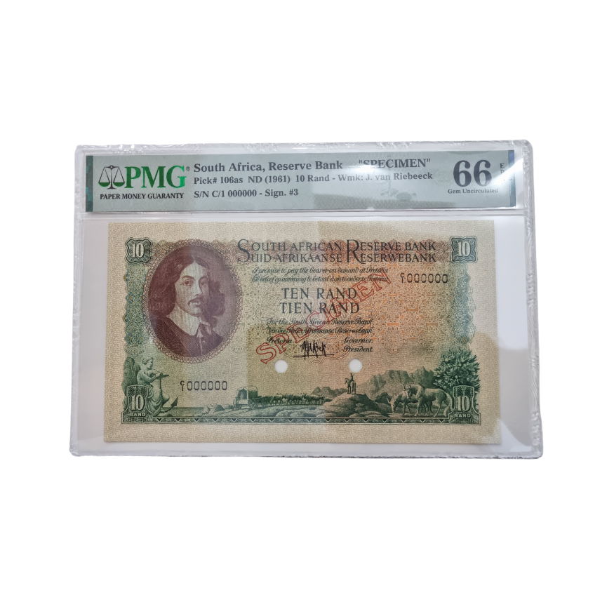 South Africa, Reserve Bank " SPECIMEN" Pick# 106as ND(1961) 10 Rand- Wmk: J.van Riebeeck S/N C/1 000000-Sign.#3 (Gem Uncirculated 66 EPQ)