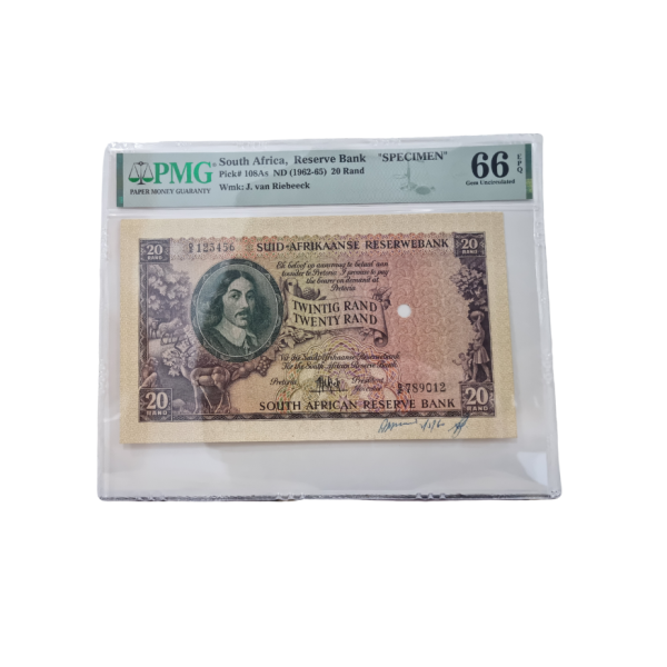 South Africa, Reserve Bank "SPECIMEN" Pick#108As ND(1962-65) 20 Rand Wmk: J. van Riebeeck (Gem Uncirculated 66 EPQ)