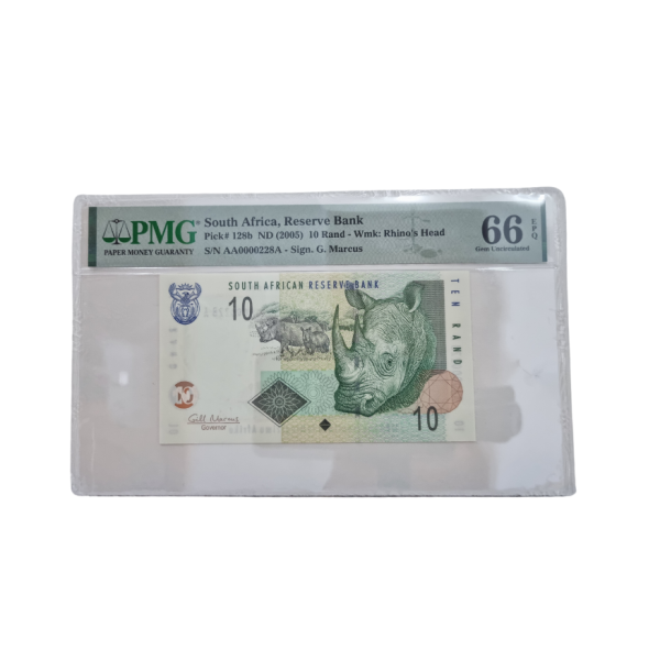 South Africa, Reserve Bank Pick# 128b ND(2005) 10 Rand-Wmk: Rhino's Head S/N AA0000228A- Sign. G. Marcus (Gem Uncirculated 66 EPQ)