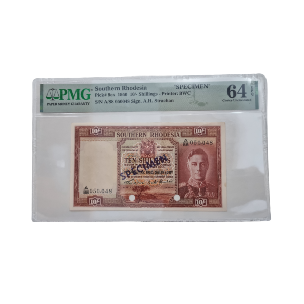 Southern Rhodesia "SPECIMEN" Pick#9es 1950 10/-Shillings-Printer: BWC S/N A/88 050048 Sign. A.H. Strachan (Choice Uncirculated 64 EPQ)