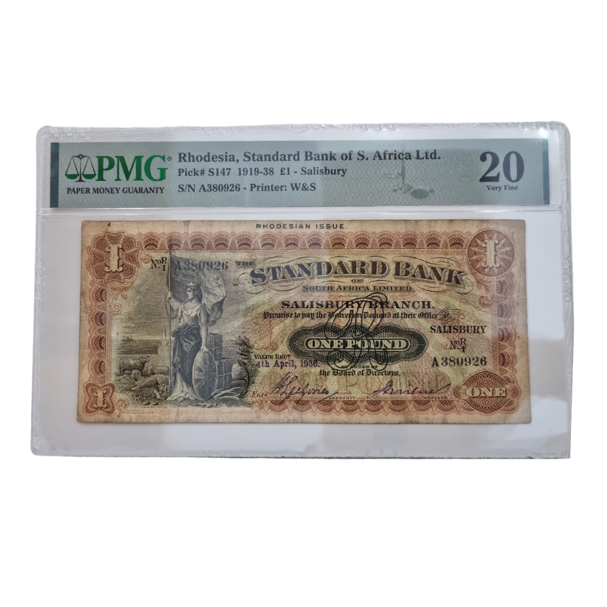 Rhodesia, Standard Bank of South Africa Ltd. 1919-38 £1 - Salisbury S/N A380926 Printer: W&S